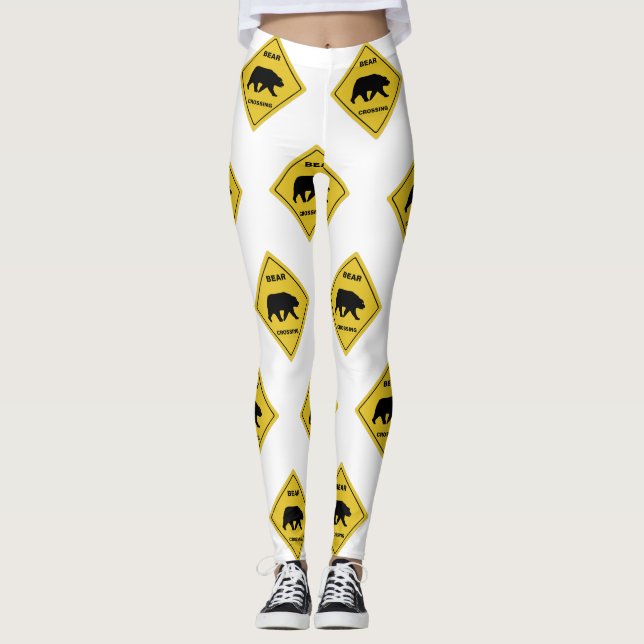 SlipperyJoe's bear crossing sign bear silhouette w Leggings (Front)