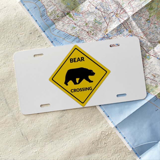 SlipperyJoe's bear crossing sign bear silhouette w License Plate (In Situ)