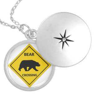 SlipperyJoe's bear crossing sign bear silhouette w Locket Necklace