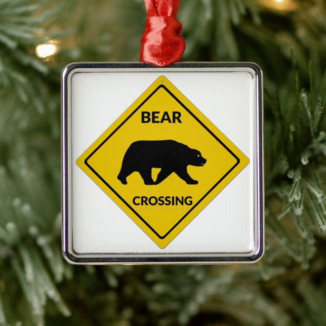 SlipperyJoe's bear crossing sign bear silhouette w Metal Ornament (Tree)