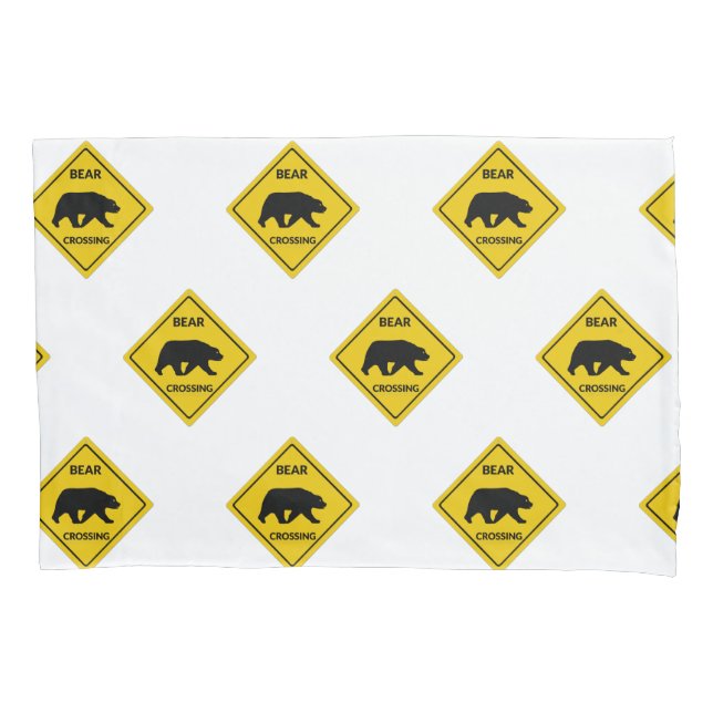 SlipperyJoe's bear crossing sign bear silhouette w Pillow Case (Front)