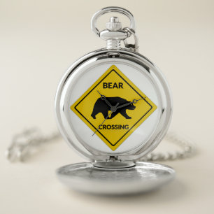 SlipperyJoe's bear crossing sign bear silhouette w Pocket Watch