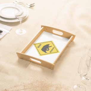 SlipperyJoe's bear crossing sign bear silhouette w Serving Tray