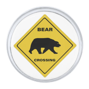 SlipperyJoe's bear crossing sign bear silhouette w Silver Finish Lapel Pin