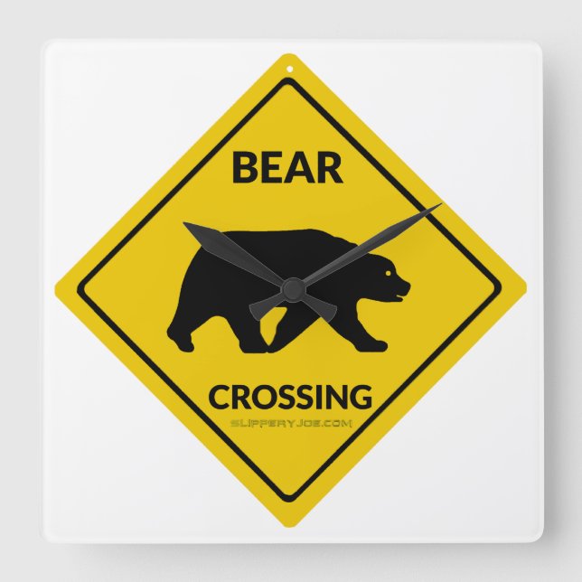 SlipperyJoe's bear crossing sign bear silhouette w Square Wall Clock (Front)