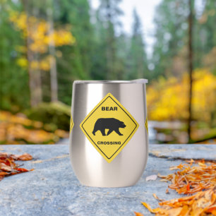 SlipperyJoe's bear crossing sign bear silhouette w Thermal Wine Tumbler