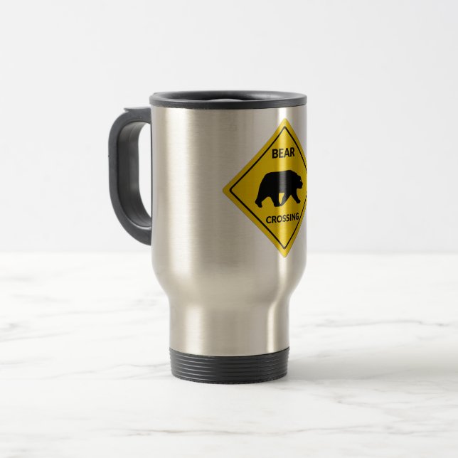 SlipperyJoe's bear crossing sign bear silhouette w Travel Mug (Front Left)