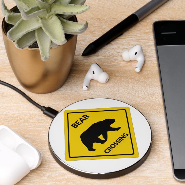SlipperyJoe's bear crossing sign bear silhouette w Wireless Charger (Desk 2)