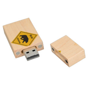 SlipperyJoe's bear crossing sign bear silhouette w Wood Flash Drive