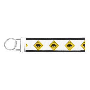 SlipperyJoe's bear crossing sign bear silhouette w Wrist Keychain