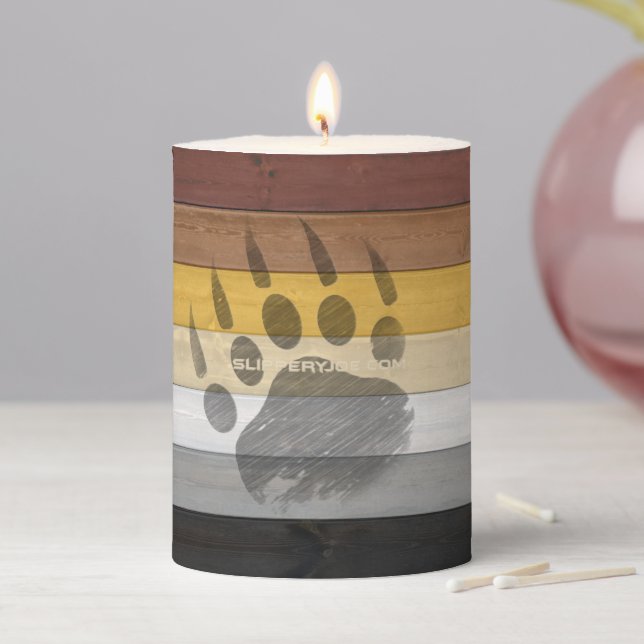 SlipperyJoe's Bear Pride flag wooden floor texture Pillar Candle (In Situ)