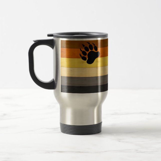 SlipperyJoe's Bear Pride flag wooden floor texture Travel Mug (Left)