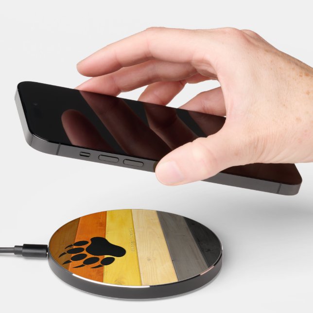 SlipperyJoe's Bear Pride flag wooden floor texture Wireless Charger (Hand)
