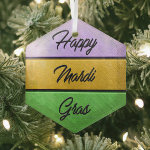 SlipperyJoe's bold Mardi Gras theme purple gold gr Glass Ornament