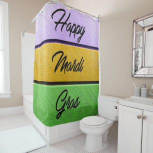 SlipperyJoe's bold Mardi Gras theme purple gold gr Shower Curtain