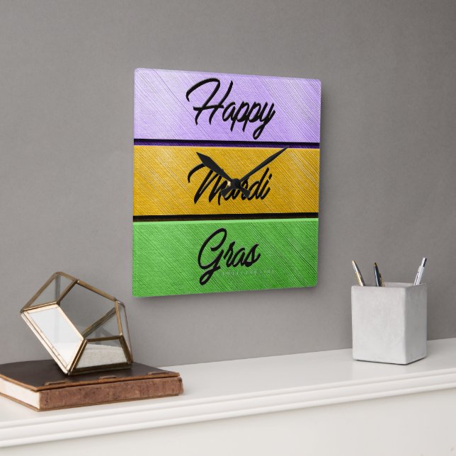 SlipperyJoe's bold Mardi Gras theme purple gold gr Square Wall Clock (Office)