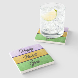 SlipperyJoe's bold Mardi Gras theme purple gold gr Stone Coaster