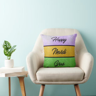 SlipperyJoe's bold Mardi Gras theme purple gold gr Throw Pillow