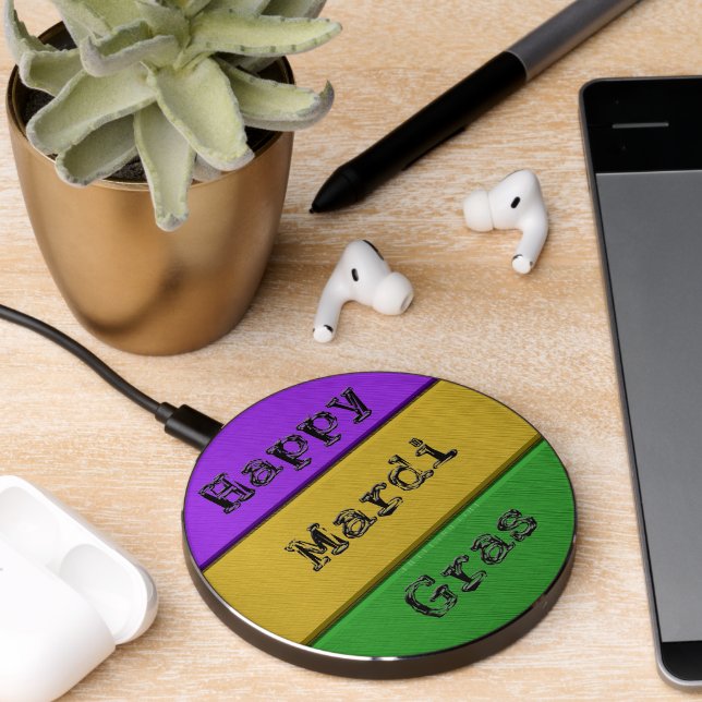 SlipperyJoe's bold Mardi Gras theme purple gold gr Wireless Charger (Desk 2)