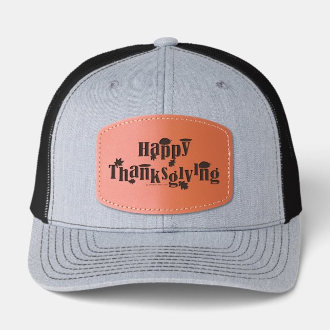 SlipperyJoe's bright festive Thanksgiving graphic  Leather Patch Hat (Front)