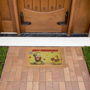 SlipperyJoe's bright playful Thanksgiving cartoon Fiber Doormat