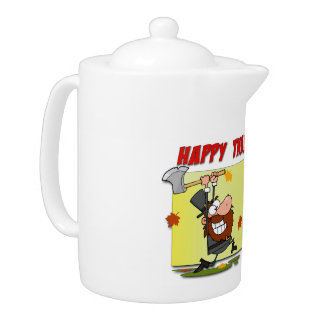 SlipperyJoe's bright playful Thanksgiving cartoon Teapot