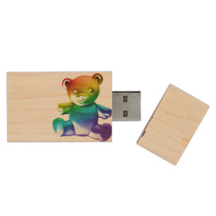 SlipperyJoe's brushed metal teddy bear smooth grad Wood Flash Drive