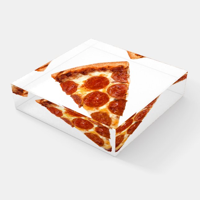 SlipperyJoe's classic pepperoni pizza slice melted Paperweight (Angled)