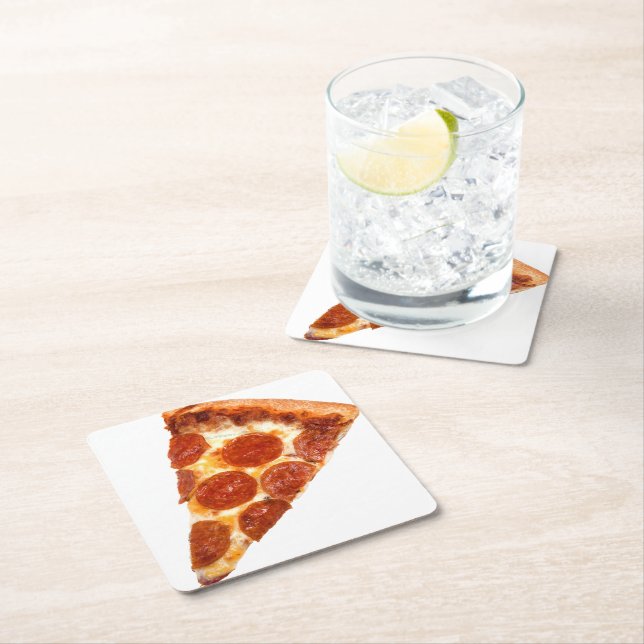 SlipperyJoe's classic pepperoni pizza slice melted Square Paper Coaster (Insitu)