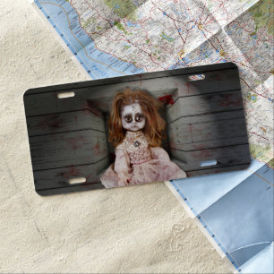 SlipperyJoe's creepy doll pale face creepy blood d License Plate