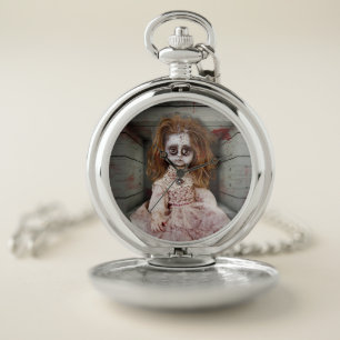 SlipperyJoe's creepy doll pale face creepy blood d Pocket Watch
