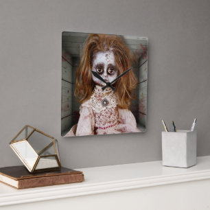 SlipperyJoe's creepy doll pale face creepy blood d Square Wall Clock