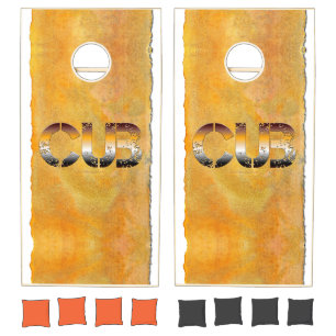 SlipperyJoe's cub bear word orange-brown tones pro Cornhole Set