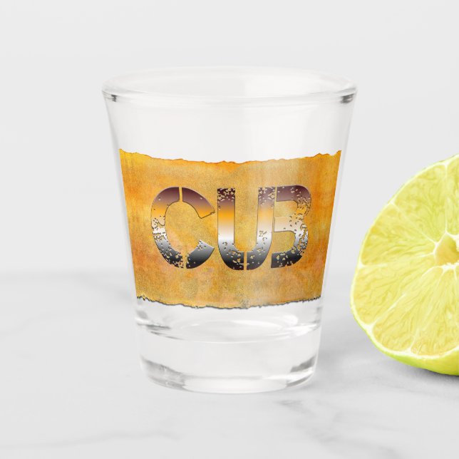 SlipperyJoe's cub bear word orange-brown tones pro Shot Glass (Front)