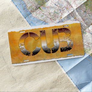 SlipperyJoe's cub bear words gold brown tan white License Plate