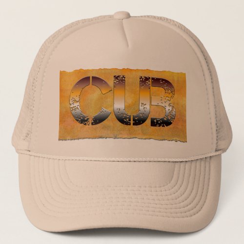 SlipperyJoes cub bear words gold brown tan white  Trucker Hat