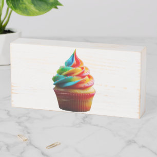 SlipperyJoe's dazzling rainbow cupcake swirled fro Wooden Box Sign