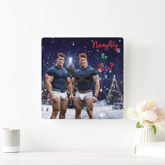 SlipperyJoe's decorated snow-covered Christmas tre Square Wall Clock (Home)