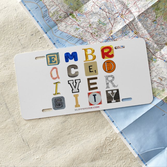 SlipperyJoe's embraces diversity cut-out letters c License Plate (In Situ)