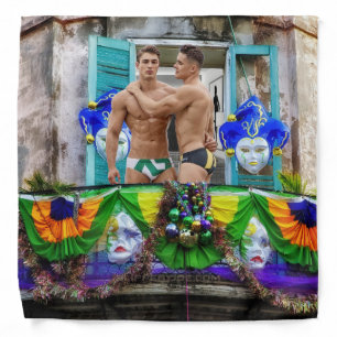 SlipperyJoe's festive Mardi Gras scene two men wea Bandana