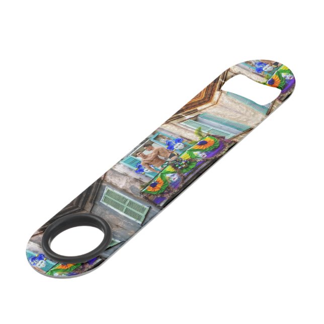 SlipperyJoe's festive Mardi Gras scene two men wea Bar Key (Back Angled)