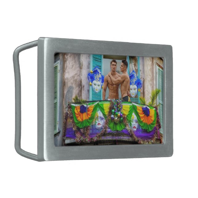 SlipperyJoe's festive Mardi Gras scene two men wea Belt Buckle (Front Left)