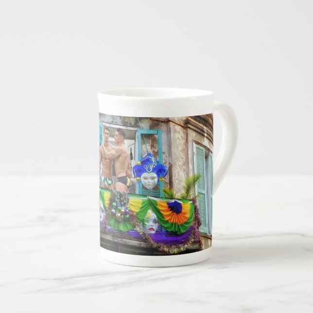SlipperyJoe's festive Mardi Gras scene two men wea Bone China Mug (Front Right)