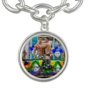 SlipperyJoe's festive Mardi Gras scene two men wea Bracelet
