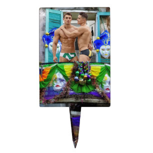 SlipperyJoe's festive Mardi Gras scene two men wea Cake Topper