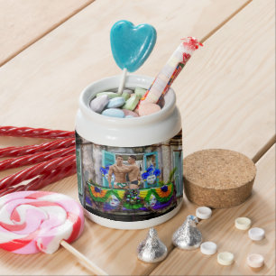 SlipperyJoe's festive Mardi Gras scene two men wea Candy Jar