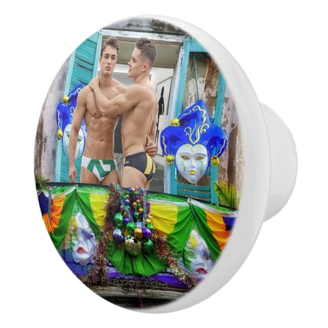 SlipperyJoe's festive Mardi Gras scene two men wea Ceramic Knob (Right)