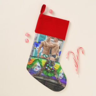 SlipperyJoe's festive Mardi Gras scene two men wea Christmas Stocking