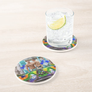 SlipperyJoe's festive Mardi Gras scene two men wea Coaster