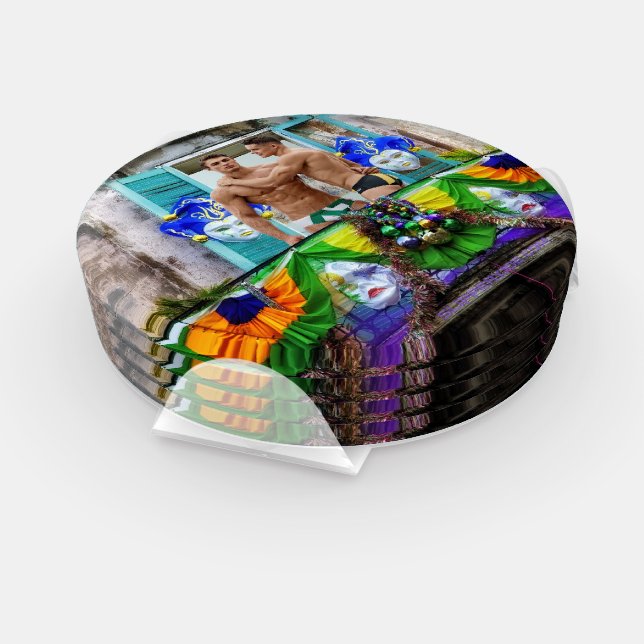 SlipperyJoe's festive Mardi Gras scene two men wea Coaster Set (Set)